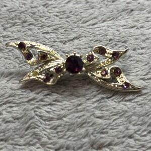 Vintage Silver Tone Purple Rhinestone Butterfly Bow Brooch Pin Wing Design